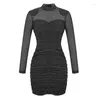 Casual Dresses Sexy Nachtclub-Stil Minikleid Frauen Süße Sheer Perspektive Mesh Glänzende Seide Plissee Falten Bodycon Kurzes Kleid Skinny Vestido