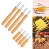 Fourchettes Outils de cuisson durables Ensemble de 4 pommes de terre en acier inoxydable avec manche en bois de hêtre Brochettes de maïs réutilisables Peeling pour