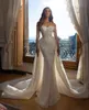 Illusion Classic Mermaid Wedding Dresses Off Shoulder Lace Crystals Bridal Gowns Custom Made With Detachable Train Vestido De Novia