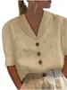 Bluzki damskie 2024 Summer Polo Neck Button Środkowy rękaw Solidny bawełniany lniane kobiety