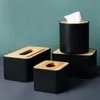 Moderne zwarte kleur tissuecontainers met telefoonhouder Houten hoes Zittype Papierrol Tissue Bus Wattenschijfjes Opbergdoos Y20277u