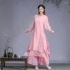 Ethnic Clothing Pink Sweet Vintage Long Top Wide Leg Pants Suit Casual Loose Elegant Women Chinese Style Two Piece Set Zen Simple Solid