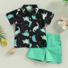 Conjuntos de roupas crianças meninos roupas de verão roupas dinossauro impressão manga curta turn-down colarinho camisas tops shorts de cor sólida 2pcs terno 12 m-5