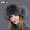 Gours Fur Hat for Women Natural Saccoon Fox Fur Rosjan Ushanka Hats Winter Gruste Uszy Modna czapka Bombowca Czarny Nowy przybycie L319Z