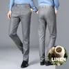 759% вискоза, 241% лен, летние мужские классические брюки с плоской передней частью, серые офисные официальные брюки, мужские тонкие деловые брюки больших размеров 240118