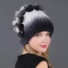 Hiver femmes chaud mode bonnet tricoté chapeau réel Rex lapin fourrure chapeau tricoté avec côté fleur russie chapeau 240127