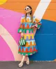 Casual Dresses Elegant Rainbow Printed Women's Split Midi Dress Fashion O Neck Long Sleeved Robe 2024 Autumn Female Causal Loose Vestidos