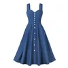 Casual Dresses Vintage Elegant Blue Plaid Print Spaghetti Strap Lång klänning för kvinnor Summer Sexig Wraped Single Breasted Swing Party