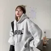 Womens Hoodies Grey Thicken Women Letter Printed Aesthetic Fleece Hooded Sweatshirts Autumn Oversized Harajuku Thickened Idle Sle