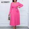 Plus Size Dresses Slim Pleated Belt Dress Women V-neck Ruffle Long Sleeve A-Line Female Solid Elegant Party Loose Maxi