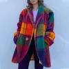 Vintage Plaid Printed Women Wełniany płaszcz Autumn Zima luźna kurtka biurowa z długim rękawem swobodne lapy z pojedynczym przyciskiem Kurtka 240122