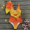 Damenbadebekleidung 2024 Drucken Schulter Rüschen Einteiliger Badeanzug Sexy Frauen Gürtel Deep-V Badeanzüge Strand Tragen Badeanzug