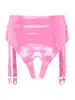 Women's Swimwear Womens Wet Look Patent Leather Lingerie Set Wire-free No Pad Bra Top High Waist Open Crotch Thong With Garter Clips For