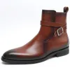 Mode en cuir véritable cheville noir marron hommes robe pointue boucle de ceinture formelle élégante homme bottes