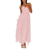 Casual Jurken Dames Mouwloos Halter Hals Ruches Lange Jurk Open Rug Ruche Afwerking Chiffon V Effen Getailleerde Maxi