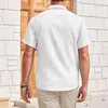 Męskie koszule zwykłe vintage plisowane guziki klapy ubrania letnie bawełniane lniane koszulę krótkie rękaw