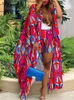 Kvinnors träningsdräkter Casual Printed Outfits Kvinnor Fashion Long Cardigan och High midjeshorts 2 Piece Set 2024 Summer Female Oversize Top