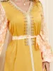 民族衣類女性イスラム教徒のドレス2024年夏のVネックビーズレーステープベルトカフタンルーズウエストアラブアバヤドバイ七面鳥のローブ