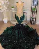 Glitzernde grüne Pailletten-Meerjungfrau-Abschlussballkleider für schwarze Mädchen, Kristallrhinestones, Hofzug, Partykleid, Robes De Bal, nach Maß BC18147