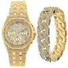 2 pezzi braccialetto orologio in oro per uomo catena cubana maschile bling ghiacciato orologio da polso di lusso top brand donna ragazzo orologio set regalo dello sposo 240126