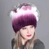 Hiver femmes chaud mode bonnet tricoté chapeau réel Rex lapin fourrure chapeau tricoté avec côté fleur russie chapeau 240127