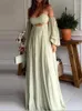 Abiti casual Solido Sexy Backless Hollow Maxi Abiti Moda Donna Elegante maniche lunghe a lanterna A-line Robe 2024 Festa da sera