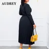 Plus Size Dresses Slim Pleated Belt Dress Women V-neck Ruffle Long Sleeve A-Line Female Solid Elegant Party Loose Maxi