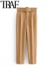 Women's Pants TRAF Women 2024 Spring Fall Vintage With Belt Khaki Beige Ladies Ankle Suit Female High Waist Clothing