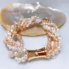 Strands Natural breeding Real freshwater pearl white irregular 510 mm 4 rows pearl bracelet 20CM magnet clasp