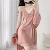 Mulheres sleepwear renda camisola quimono roupão terno mulheres robe conjunto elegante verão seda cetim nightwear