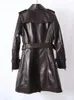 Veste en cuir femme ceinturée Double boutonnage mi longue en peau de mouton véritable automne hiver bureau dames Wind2024