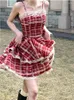 Casual Dresses Red Plaid Vintage Elegant Dress Women Lace Frankrike Sweet Party Mini Female A-Line Retro Kawaii Strap Summer 2024