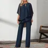 Pantaloni a due pezzi da donna 2 pezzi/set Vestito in chiffon da donna Scava fuori la manica a pipistrello con volant Orlo irregolare Top Vita alta Gamba larga Set lungo