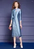 Casual Dresses Zjyt Elegant Luxury Beading Evening Party for Women 2024 Spring Designer Vintage Plus Size Dress Stand Collar Blue Robe