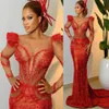 2024 ASO EBI Mermaid Red Brom Dress Cristais de miçangas de pescoço de pescoço noturno festas formais segunda recepção Vestidos de noivado de aniversário Vestidos Robe de Soiree ZJ84