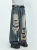 MRNEARLY Pantalones de mezclilla perforados de gama alta americanos para hombres Design Sense Pantalones de pierna recta de pierna ancha pequeños y sueltos hiphop 240124