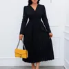 Plus Size Dresses Slim Pleated Belt Dress Women V-neck Ruffle Long Sleeve A-Line Female Solid Elegant Party Loose Maxi