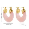 Brincos de argola resina em formato de u banhado a ouro para mulheres aço inoxidável rosa pedra natural huggie joias para orelha presentes de casamento