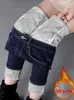 Oversized magro veludo forrado jeans lápis calças inverno mulheres estiramento vaqueros calças meados cintura engrossar quente denim spodnie 240201