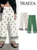 Kadın Pantolon Trafza Kadınlar 2024 İlkbahar Yaz Geniş Keten Nakış Pocket Zipper Kadın Vintage Sıradan Gevşek Pantolon