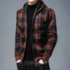 Camisola de malha masculina com zíper xadrez roupas masculinas cardigan hoodies zipup grosso inverno vermelho tops jumpers casual a 240130