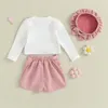 Kläderuppsättningar Pudcoco Girls Shorts Outfits Casual Long Sleeve Round Neck Shirt and Button Hat Set 3 Piece Clothes for Party 6M-5T