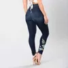 Calças femininas azul escuro magro bordado jeans casual cintura alta cor sólida lápis estiramento pacote buhigh