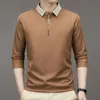 Men's Long Sleeve Turndown Collar Waffle Tshirt Business Casual Contrast Line Polo Shirt 240118