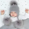 Winter Baby Beanie Hut Kinder Earflap Cap Kinder 3 Pompom Pelz Wolle Hut Natürliche Echtpelz Pom Hut Für Mädchen jungen 240123