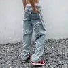 Jeans pour hommes Y2k rétro lavé vieux motif d'amour Patch bord brut pantalon à jambes larges Joggers hommes pantalons Hip Hop Streetwear
