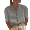Bluzki damskie 2024 Summer Polo Neck Button Środkowy rękaw Solidny bawełniany lniane kobiety