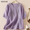 Women's Blouses Floral Embroidery Vintage V-Neck Short Sleeve Linen Thin Blouse Shirt Korean Fashion Female Clothing Tops 2024 Summer