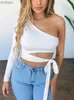 Women's T-Shirt Women lady bandage slim tee tops long sleeve one-shoulder bow-tie elastic solid T Shirt cold shoulder sexy crop top Club Street L240201