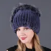 Hiver femmes chaud mode bonnet tricoté chapeau réel Rex lapin fourrure chapeau tricoté avec côté fleur russie chapeau 240127